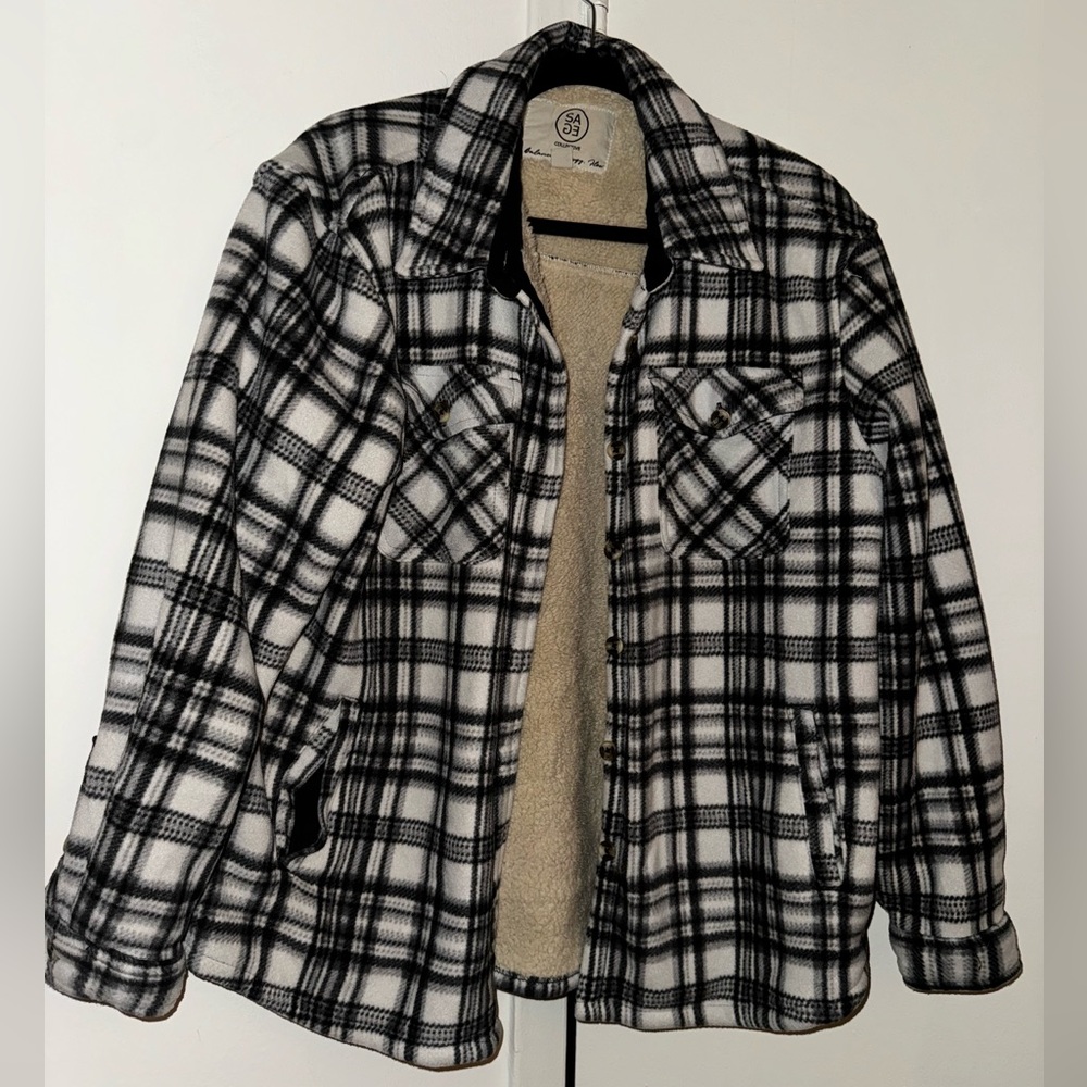 Sage Collective Ladies Sherpa Lined Shirt Jacket Black White Plaid L Shacket